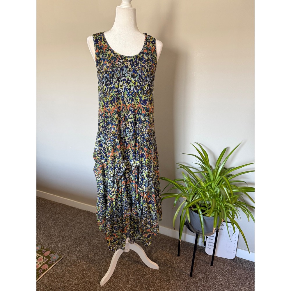Kozan Midi Dress Women Small Multicolor Excellent Mesh Tiered Ruffle Abstract